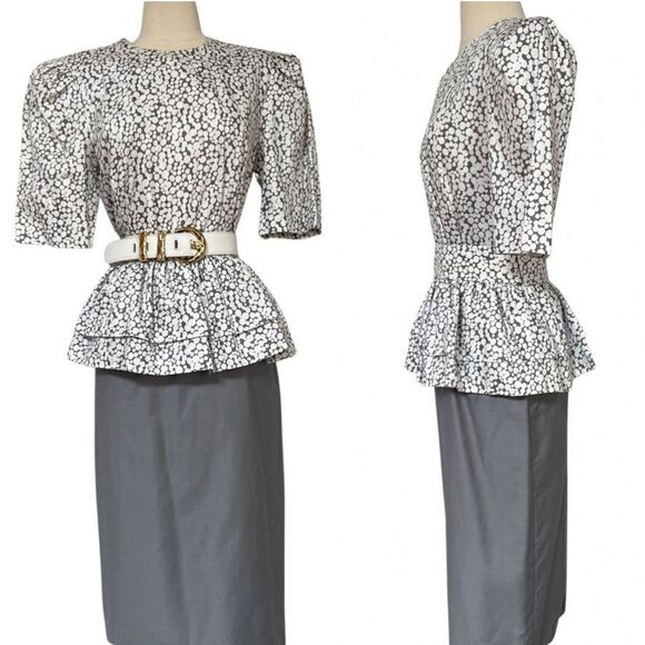 Flattering Vintage 80s Structured Peplum Polka Dot Contrast Dress - Picture 1 of 8